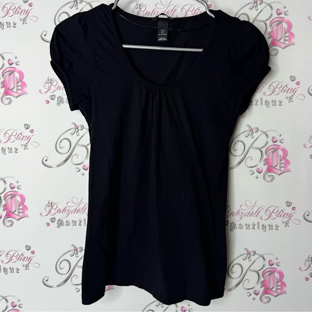 H&M tshirt scoop neck basic comfy stretch Black Fitted Cap Sleeve Blouse puff